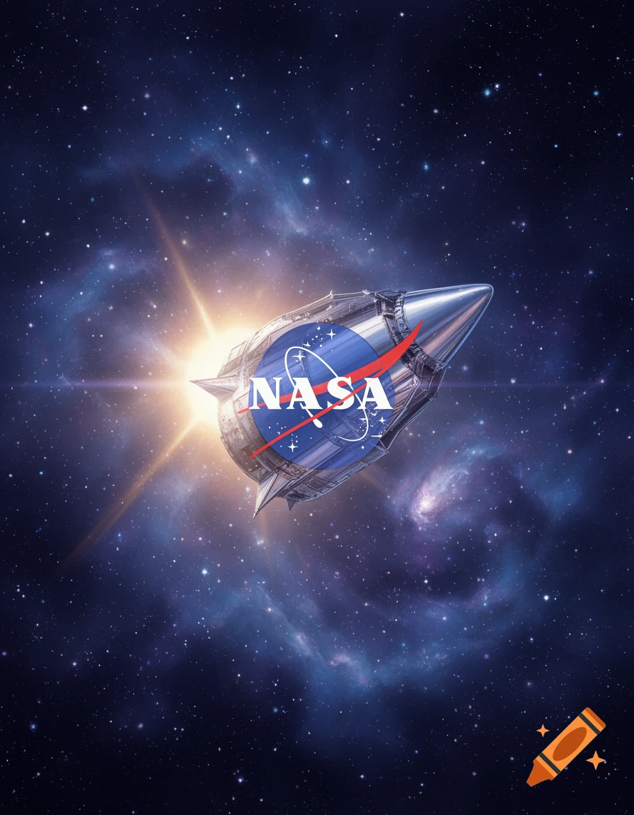 A sleek silver rocket with the NASA logo flies through a star-filled galaxy, illuminated by a bright sunburst.