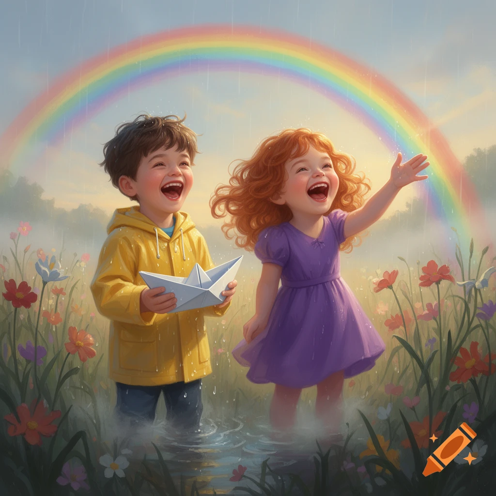 Happy boy and girl playing in the rain with a paper boat under a ...