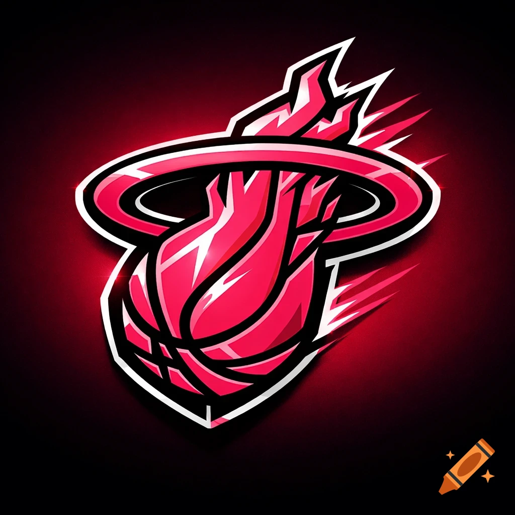 A stylized Miami Heat basketball team logo with a flaming basketball in vibrant pink and red against a dark background.