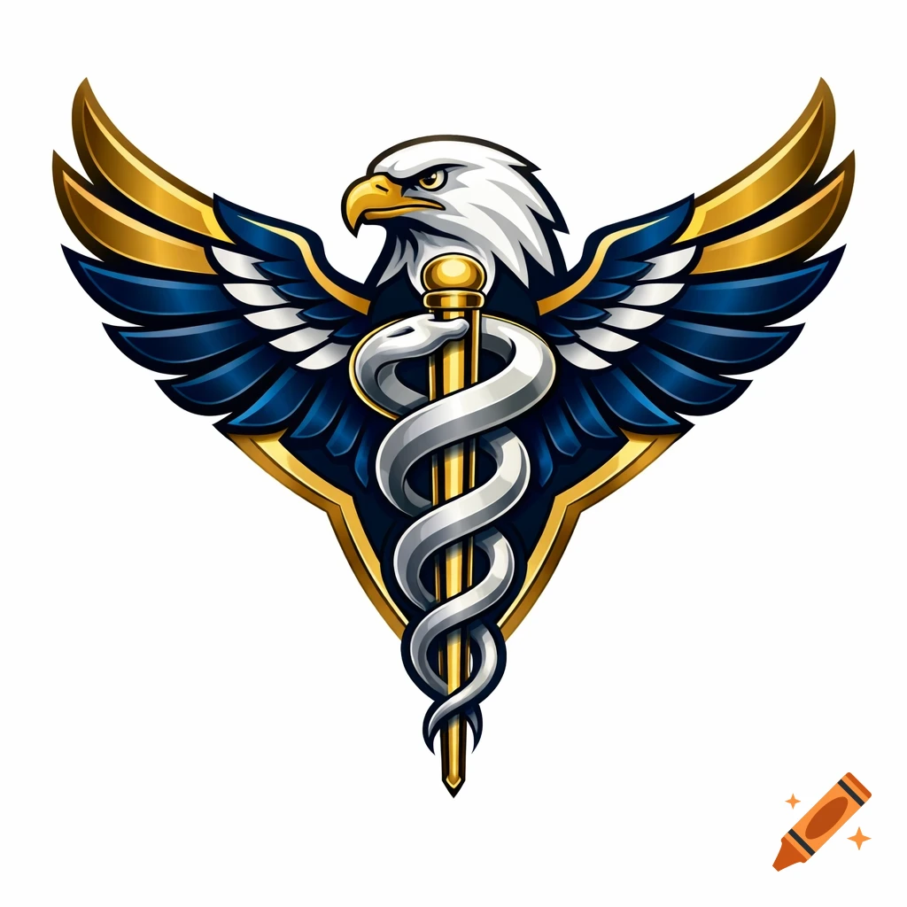 An eagle with golden and blue wings holding a silver medical caduceus logo.