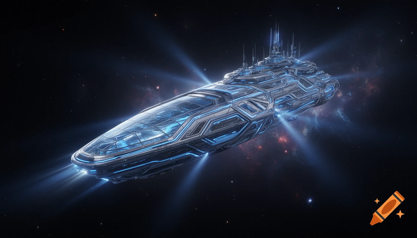 A futuristic, sleek spaceship with blue glowing accents flies through a starry space with faint nebulas.