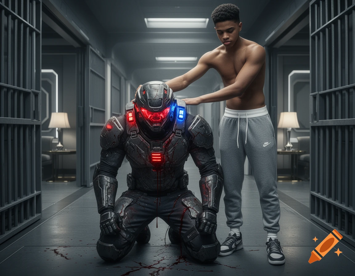 A shirtless man in grey sweatpants pushes down a defeated, blood-stained futuristic armored soldier kneeling in a futuristic prison hallway.