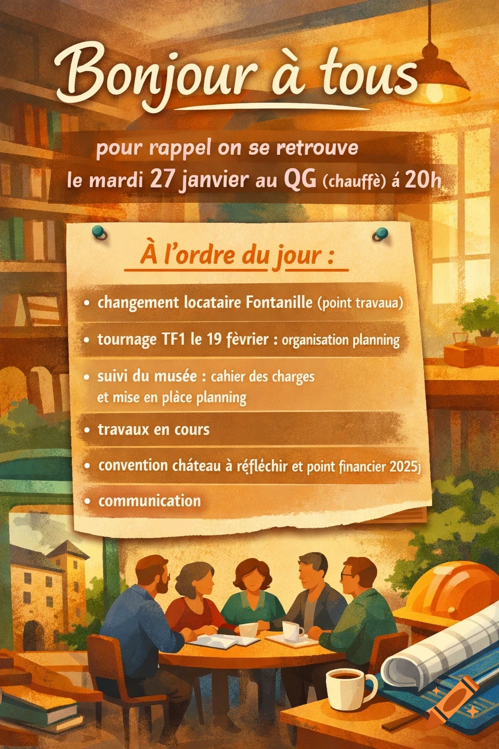 A stylized poster announcing a meeting with French text, depicting five people around a table in a room with bookshelves and an old building outside.