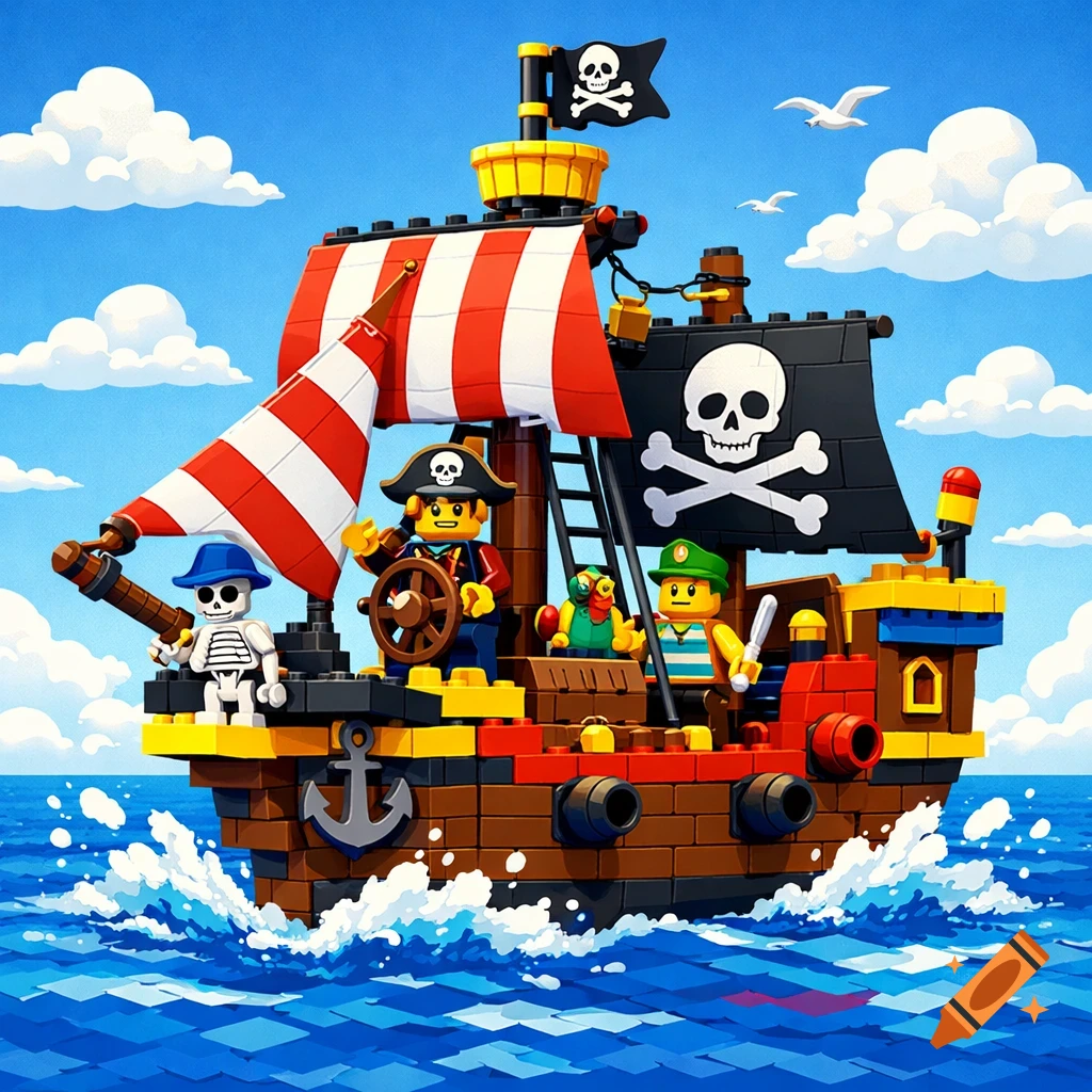 A vibrant Lego pirate ship sails on a blue ocean under a cloudy sky, with minifigure pirates and a skeleton.