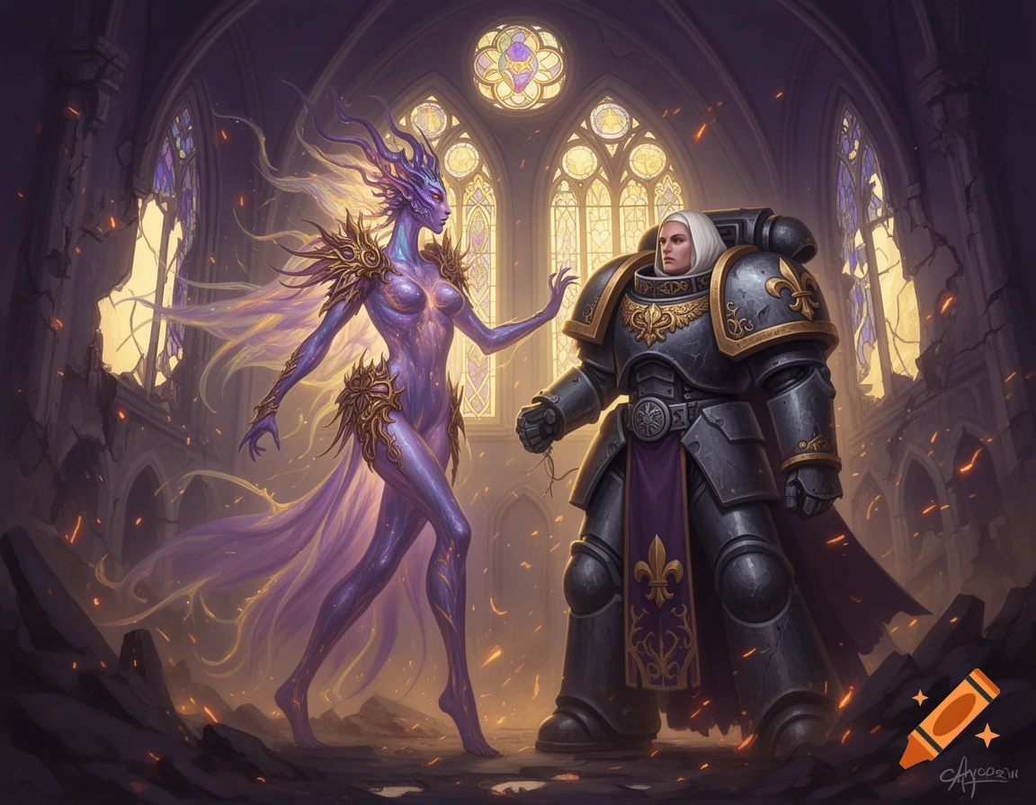 A purple-skinned ethereal demoness with golden armor faces a white-haired armored space marine in a ruined gothic cathedral with stained glass.