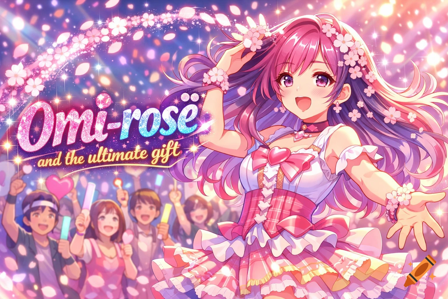 Anime idol with pink-purple hair, white and pink dress, poses on stage with cheering fans and sparkling effects, text 'Omi-rosë and the ultimate gift'.
