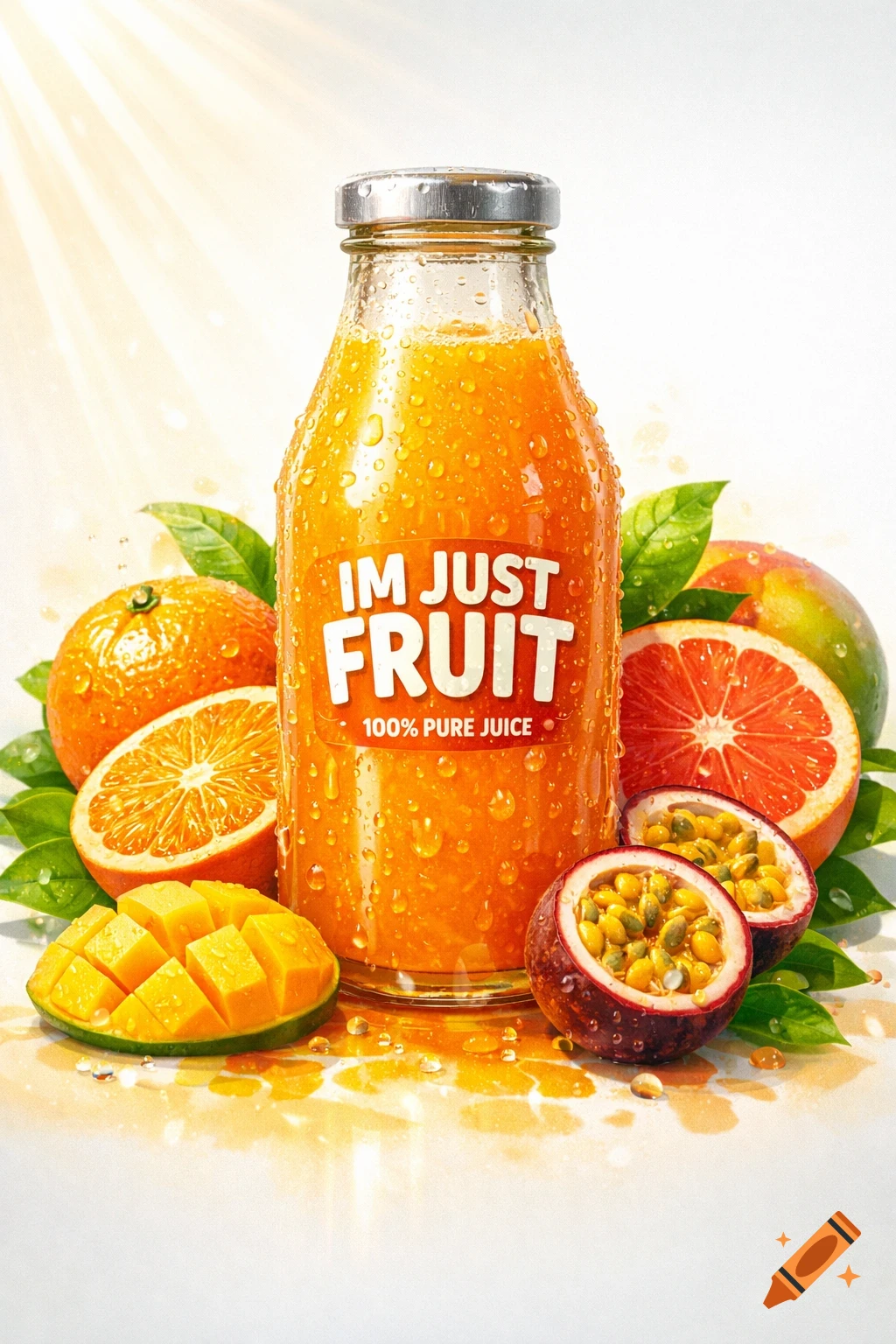 A sweating glass bottle of 'IM JUST FRUIT' orange juice, surrounded by fresh oranges, mango, grapefruit, and passionfruit on a white surface under bright light.