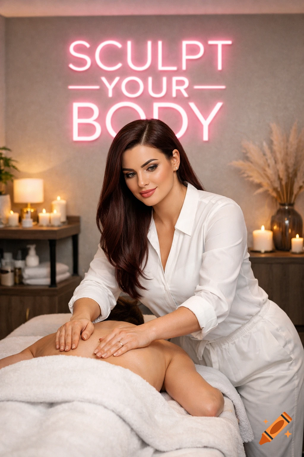 A woman gives a back massage to a client covered by white towels in a modern spa with a pink neon sign reading "SCULPT YOUR BODY".