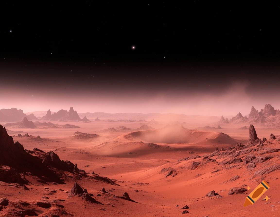 A vast, desolate red Martian landscape with rocky terrain, distant mountains, and a dark sky with faint stars.