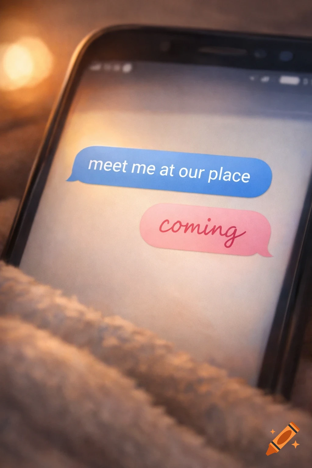 A close-up of a smartphone screen displaying text messages: 'meet me at our place' in blue and 'coming' in pink, resting on a blanket.