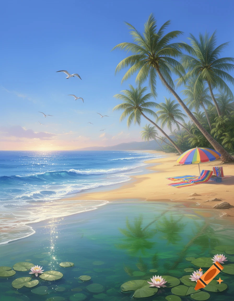 Vibrant digital painting of a tropical paradise beach with palm trees, blue ocean, sandy shore, and pink water lilies.