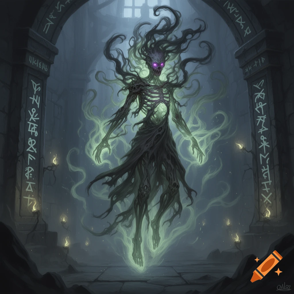A skeletal ghost with glowing purple eyes and green ethereal wisps ...