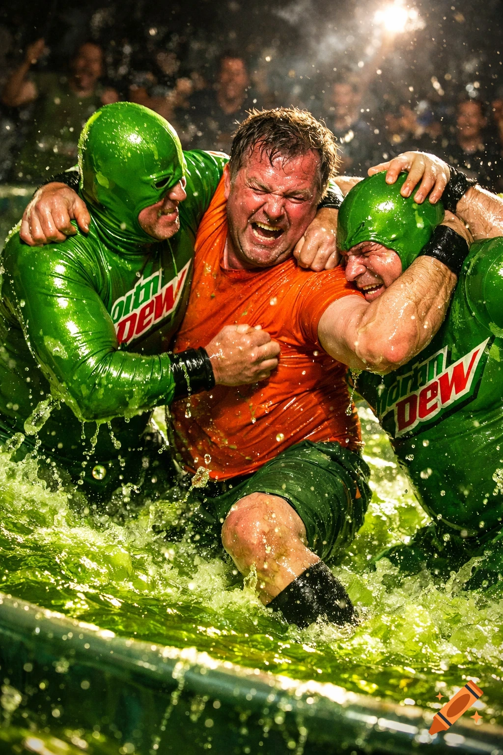 Three men, two in green 'Mountain Dew' suits, wrestle in a splashing pool of green liquid, with a man in an orange shirt.