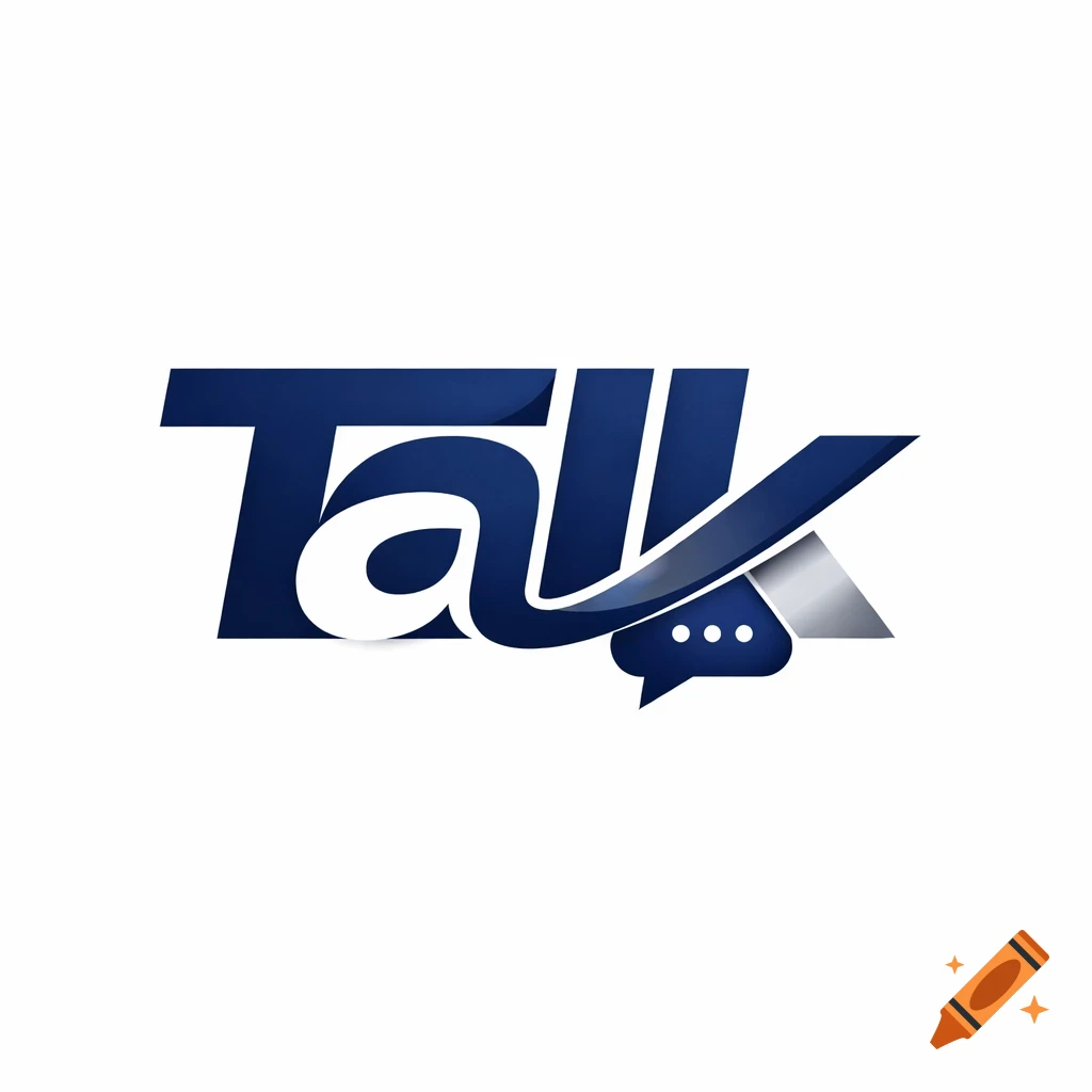 A stylized dark blue and white logo features the word "Talk", with a speech bubble symbol integrated into the letter "k".