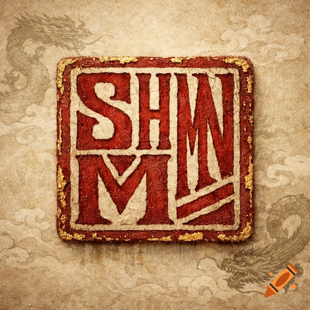 A square Chinese stamp with 'SHMN' in red, bordered by gold, on a textured beige background with faint dragon designs.