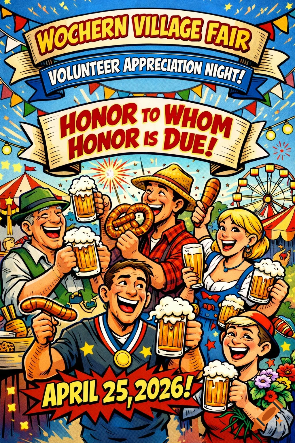 A vibrant comic-style poster for the "Wochern Village Fair" on "April 25, 2026!" with diverse, laughing people holding beer, pretzels, and sausages under festive banners.