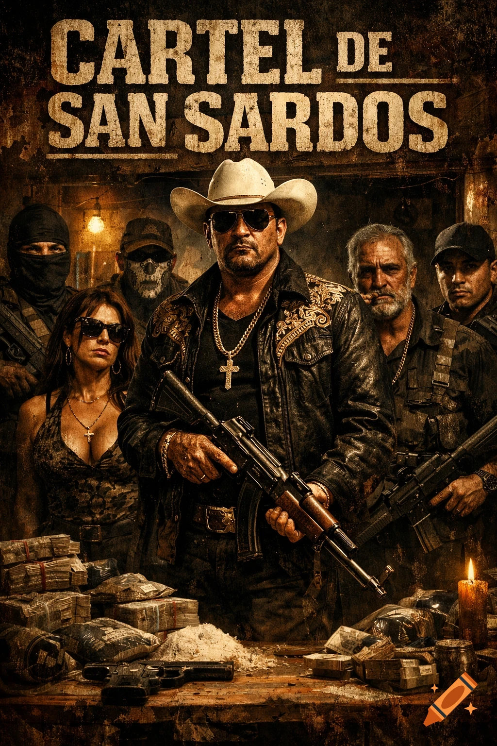 Gritty image titled "Cartel de San Sardos" depicting a group of armed cartel members, including a man in a cowboy hat and sunglasses, surrounded by money and white powder on a table.