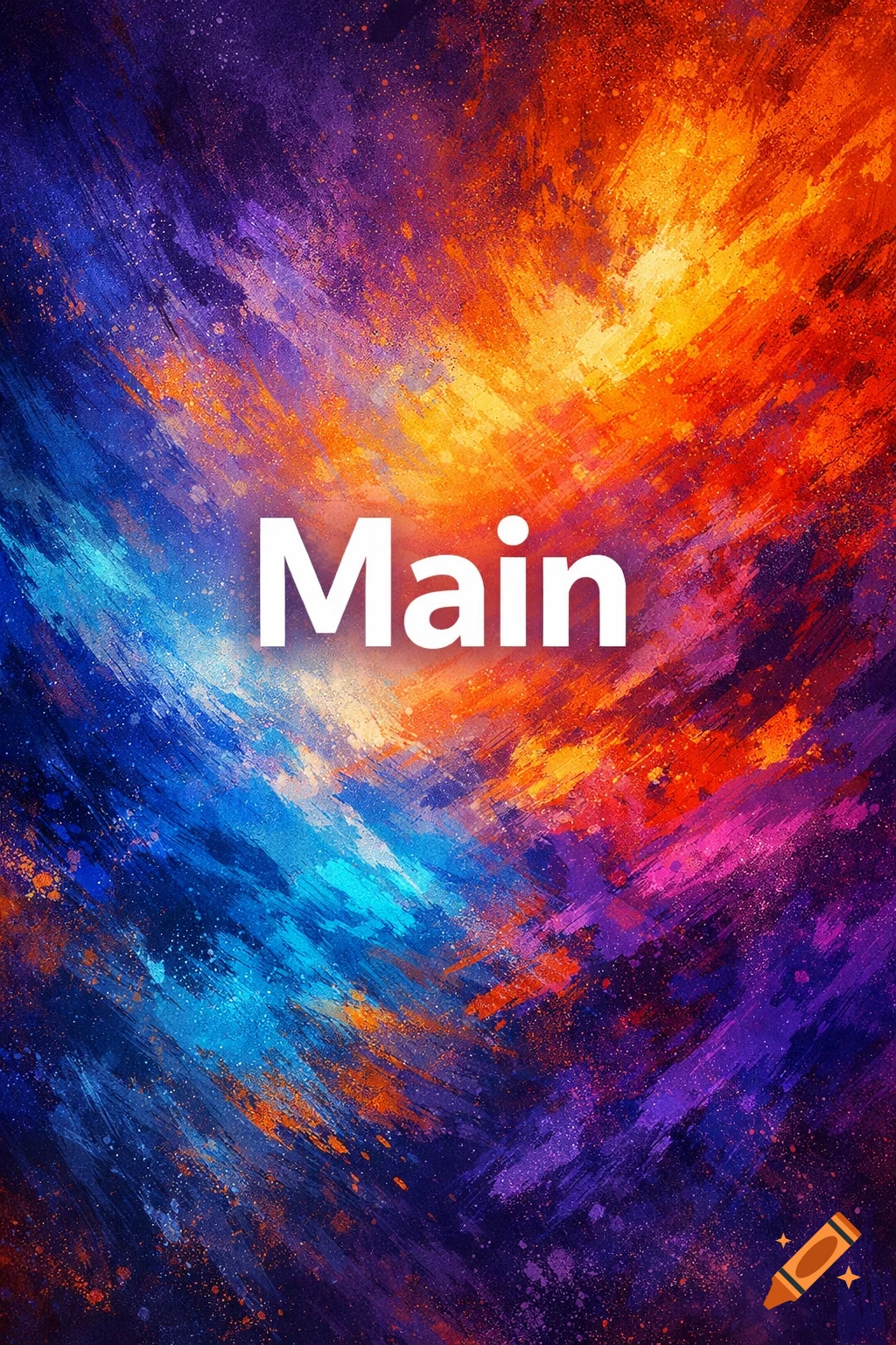 The word "Main" in white on a vibrant, abstract background with colorful brushstrokes and splatters in blue, orange, purple, and red.