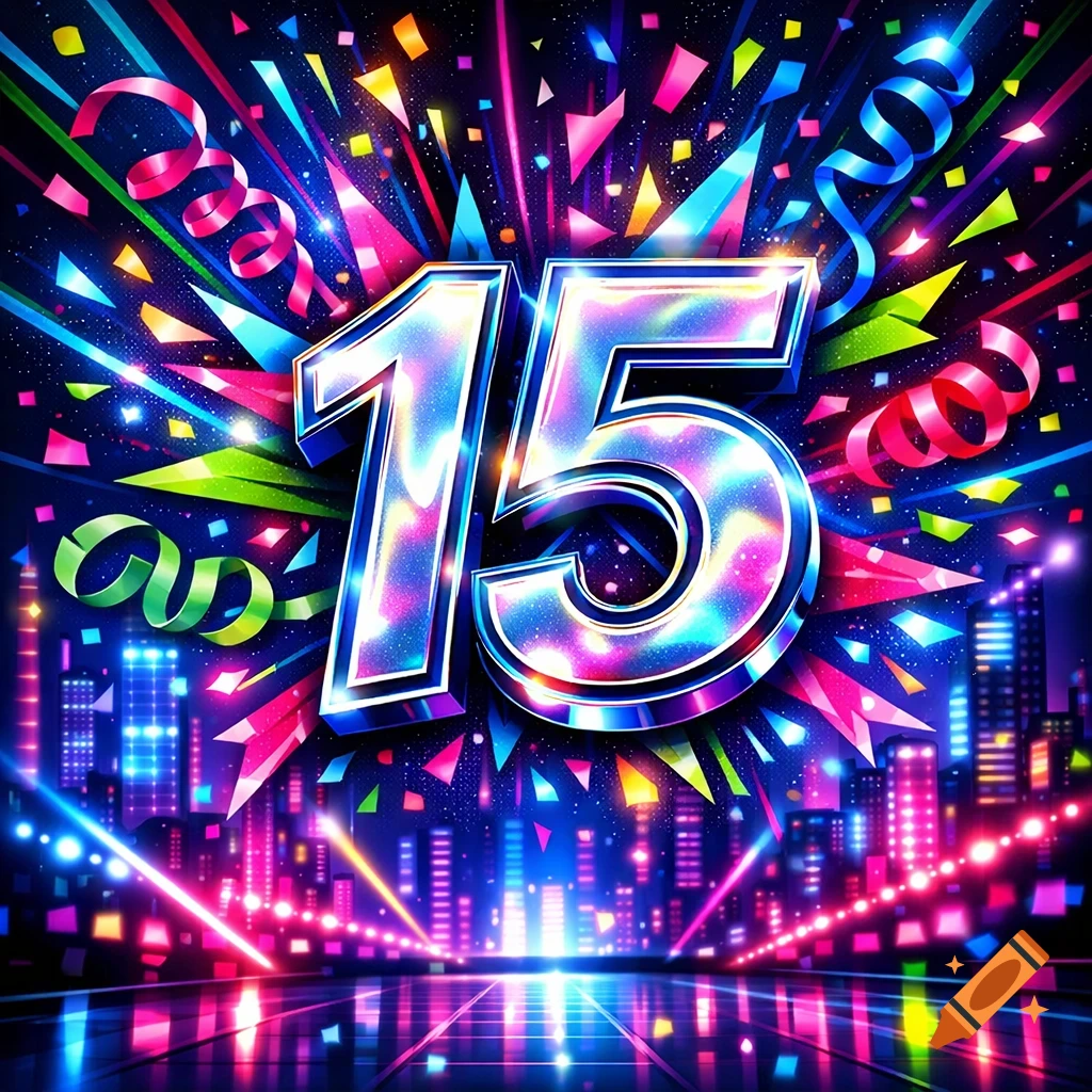 A shiny, metallic '15' stands out against a backdrop of colorful confetti, streamers, bright light rays, and a glowing city skyline.