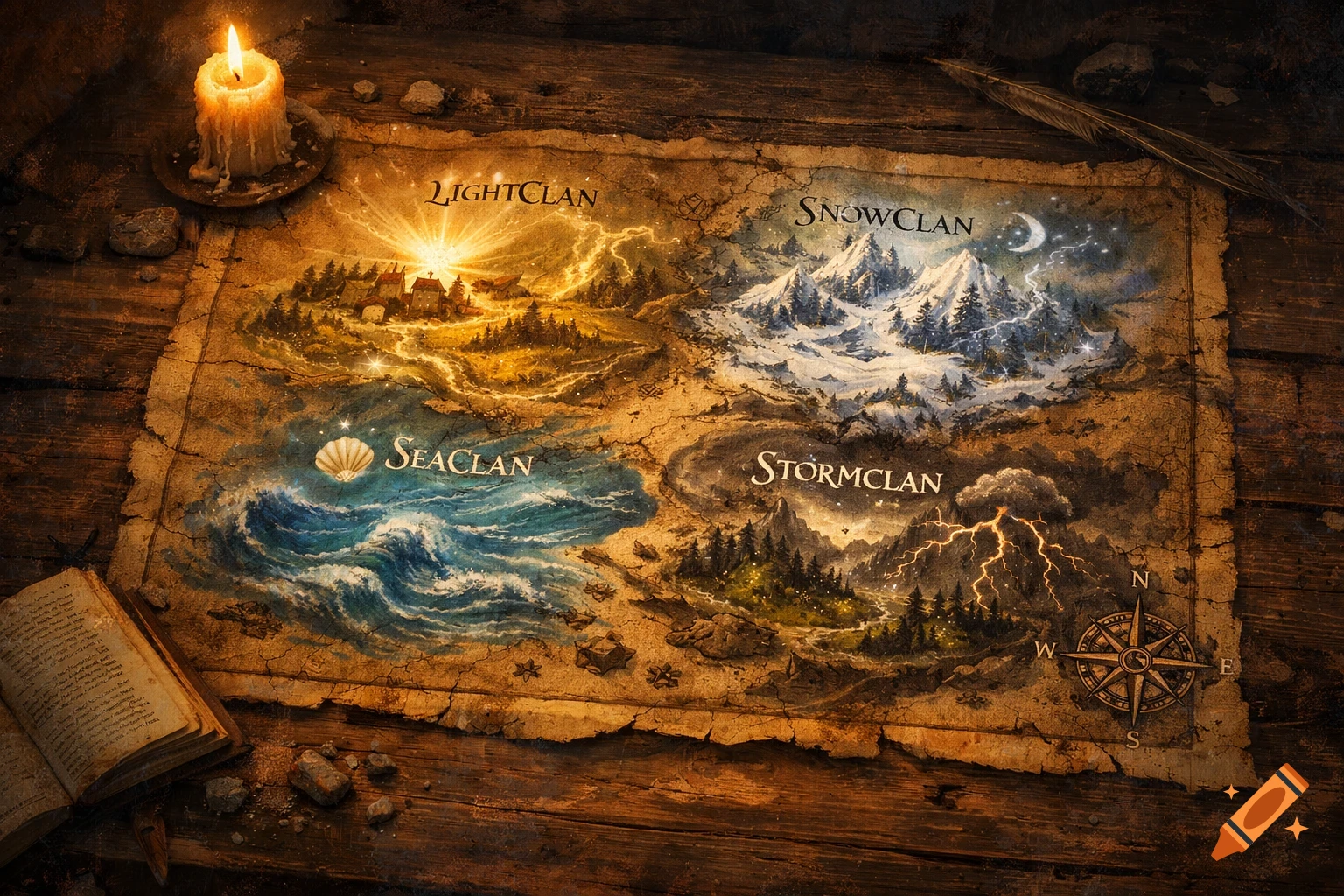 An old, detailed fantasy map divided into four regions: LightClan, SnowClan, SeaClan, and StormClan, on a wooden table with a candle and book.