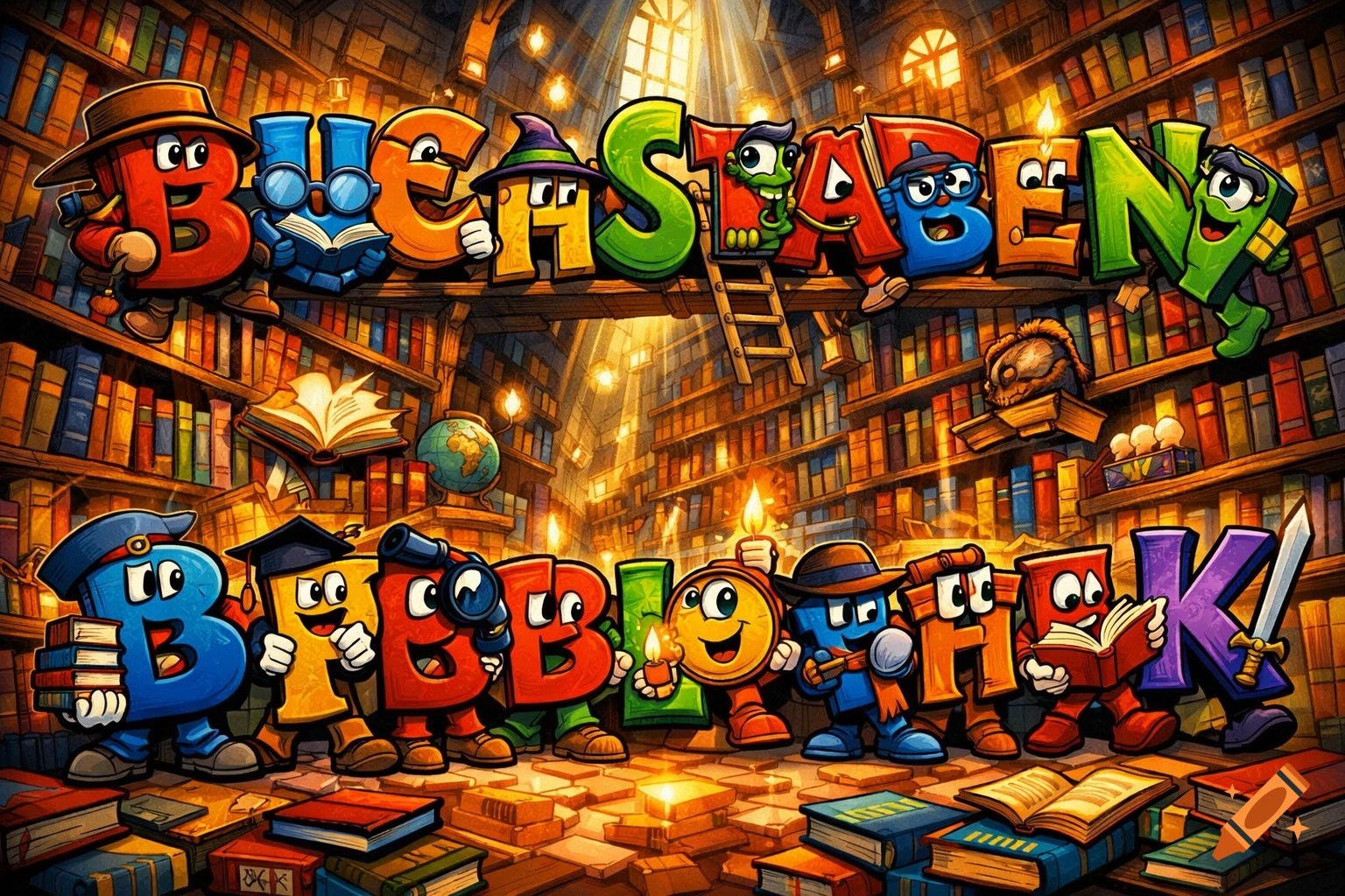 Cartoon letters spelling "BUCHSTABEN BIBLIOTHEK" in a warmly lit library, surrounded by books.