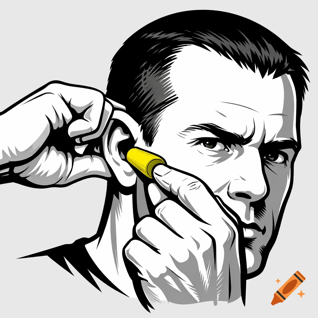 Graphic of a man inserting a yellow earplug into his right ear.