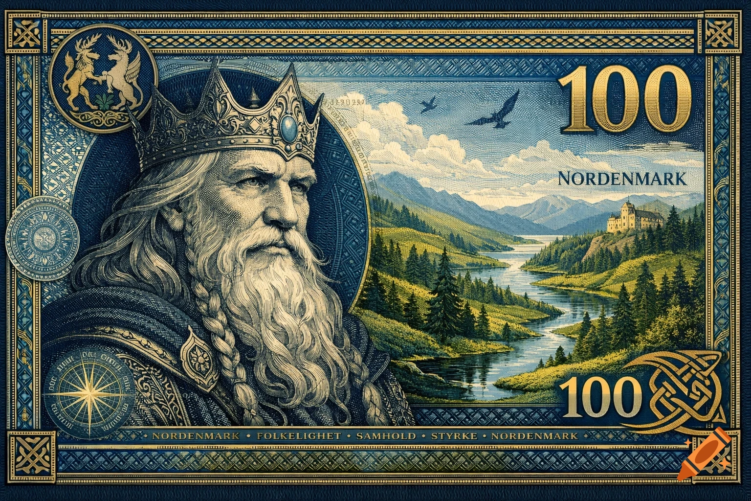Detailed blue and gold banknote with a crowned, bearded king's portrait on the left and a lush river landscape with a castle on the right.