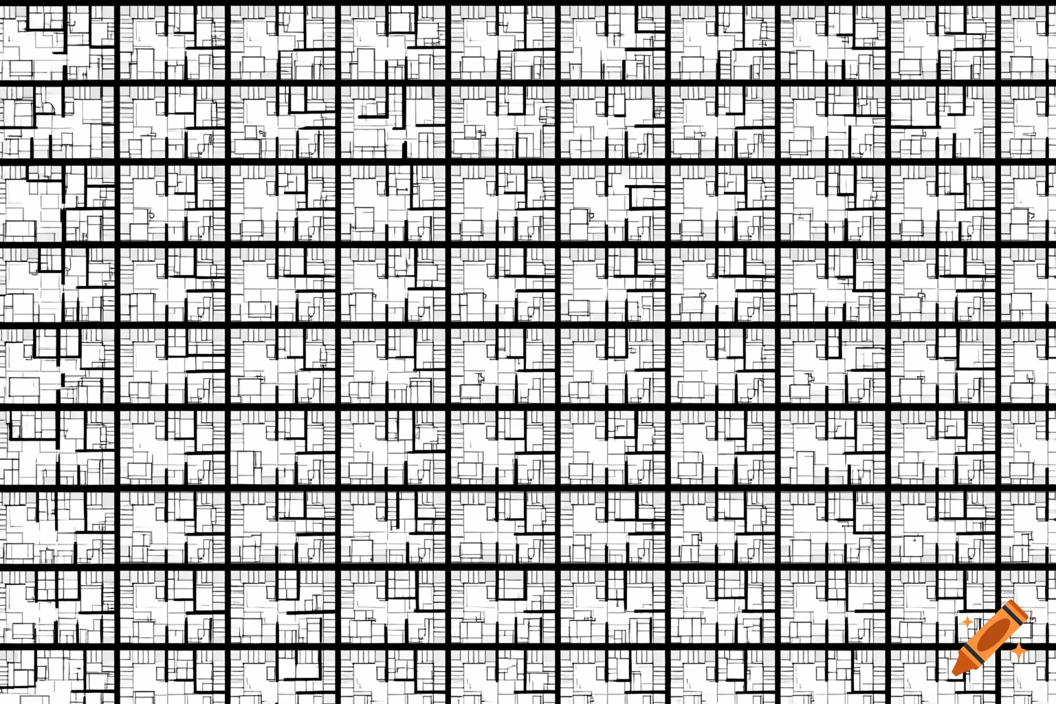 A black and white grid of hundreds of repetitive, intricate architectural floor plans, resembling a dense technical drawing or schematic.