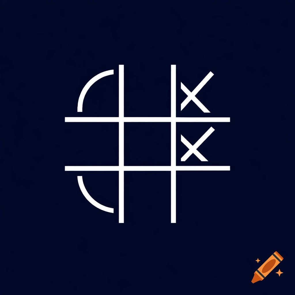 Minimalist Tic-Tac-Toe logo with white grid lines and game pieces on a dark navy blue background.