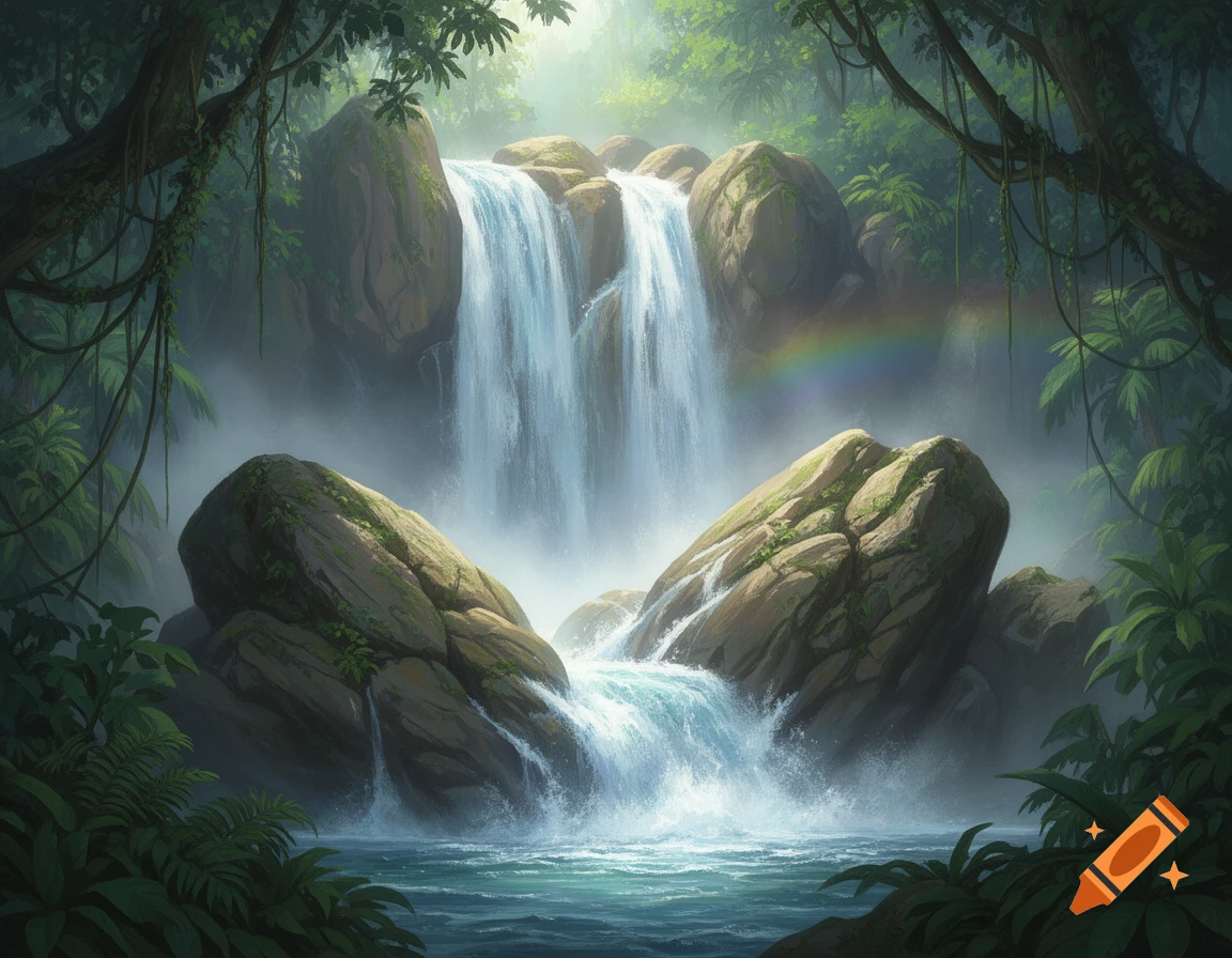 A majestic waterfall cascades over large, mossy boulders in a lush jungle, with a subtle rainbow in the mist.
