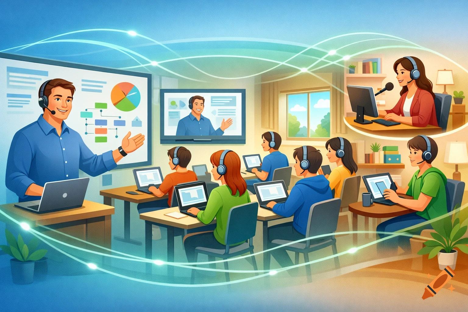 A vibrant illustration of a hybrid learning environment, with a lecturer in a physical classroom and students attending both in-person and remotely. Wireless signals connect them.