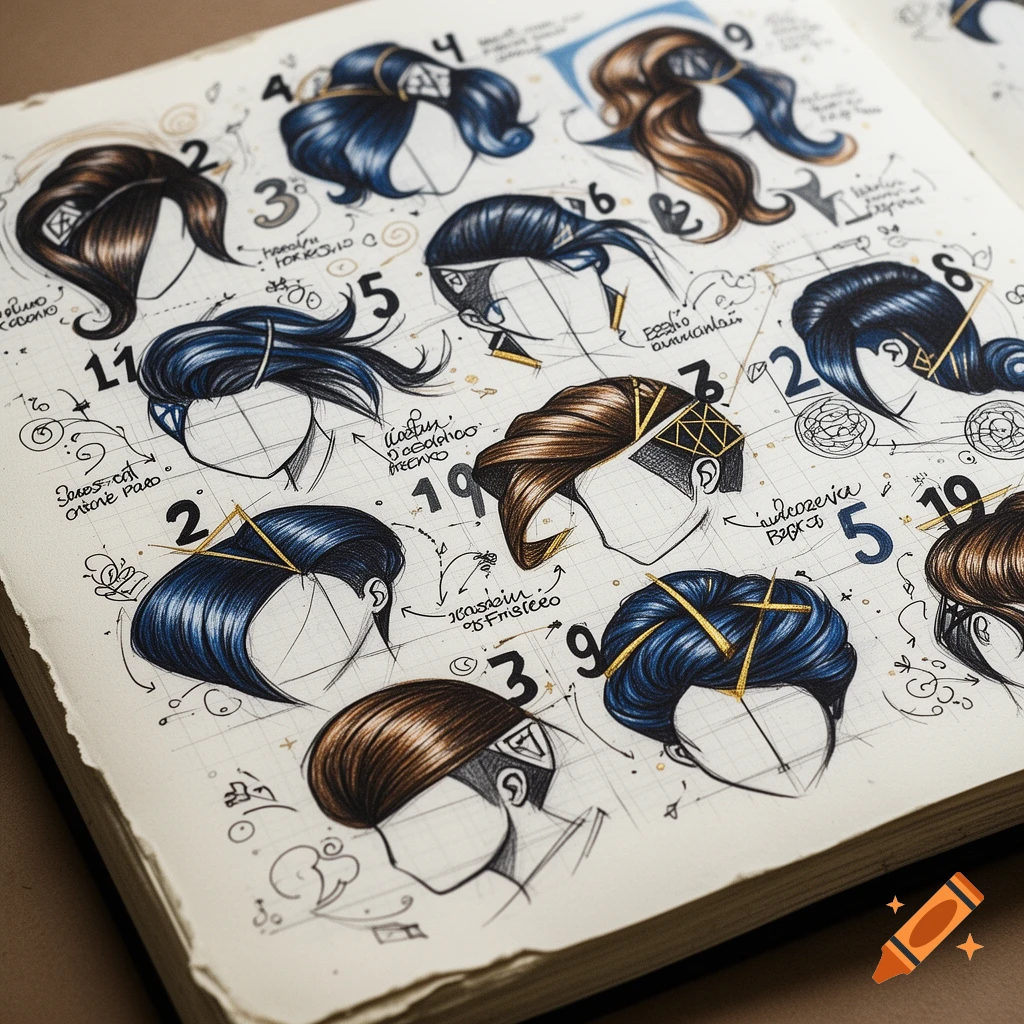 Multiple stylized haircut designs with brown and blue hair, some featuring gold accents, sketched on a grid-lined notebook page with handwritten notes and numbers.