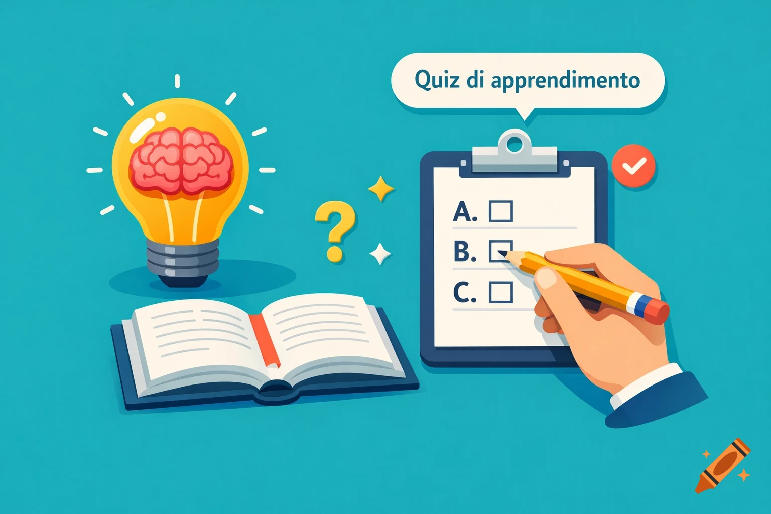 Flat vector illustration of a hand selecting an answer on a quiz clipboard, with a brain in a lightbulb and an open book, symbolizing learning.