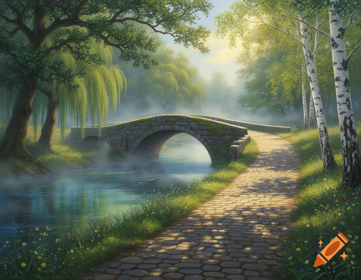 A serene painting of a stone bridge over a misty river, surrounded by lush green trees and a sunlit cobblestone path.