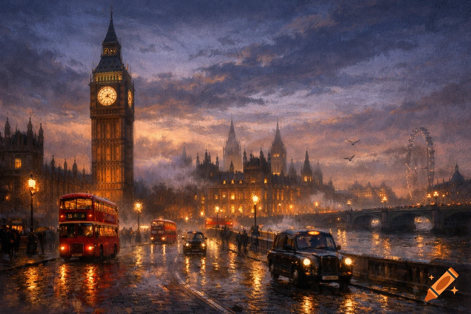 Impressionistic painting of London at dusk, featuring Big Ben, a red double-decker bus, and a black cab on a wet street with reflections.