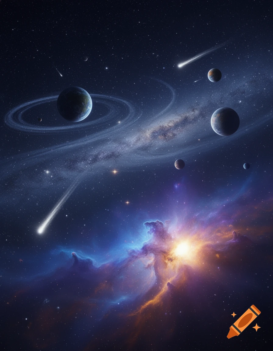 A vibrant cosmic scene featuring a ringed planet, multiple other planets, comets, a swirling galaxy, and a glowing nebula.