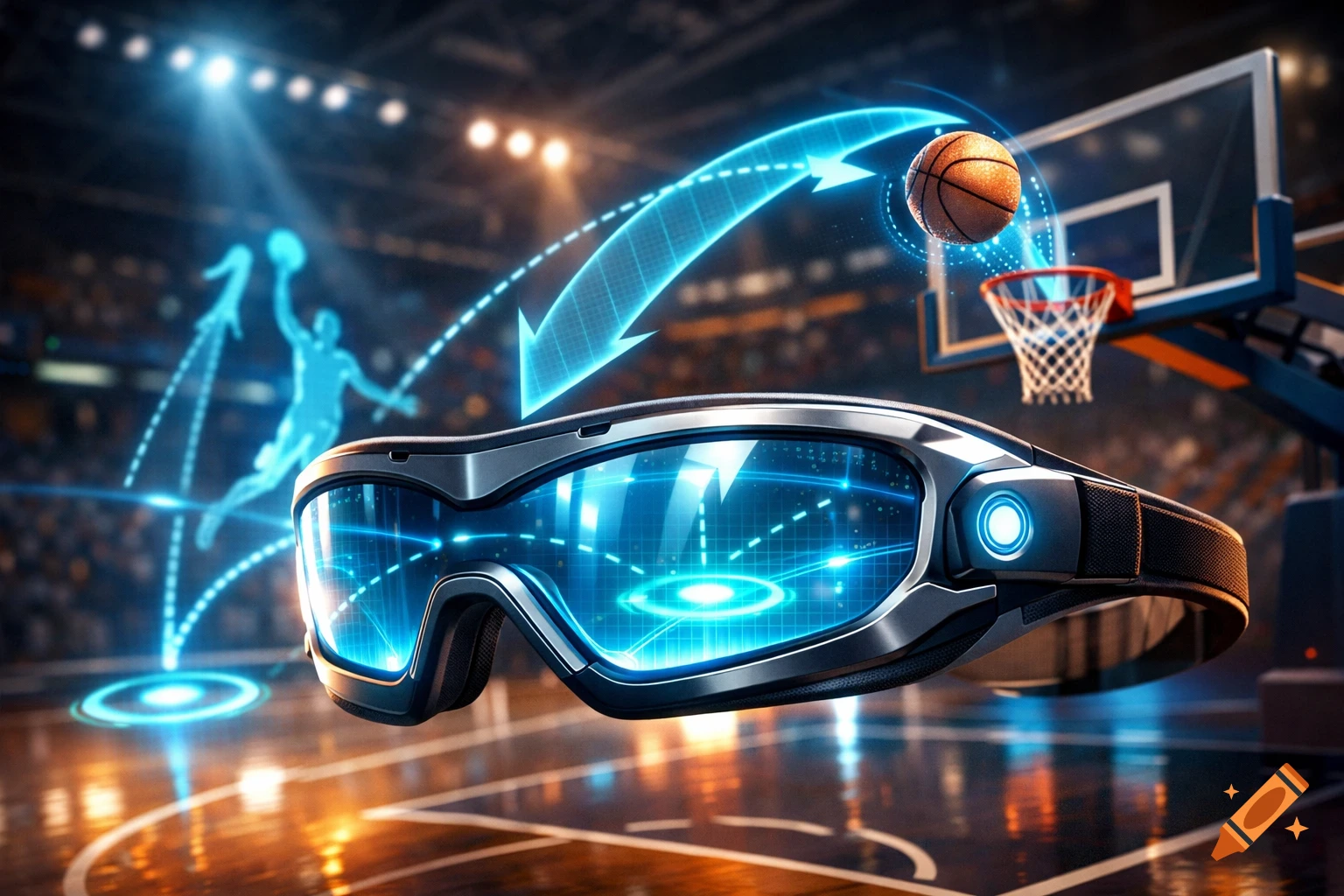Futuristic augmented reality goggles project a holographic basketball player and shot trajectory on a basketball court.