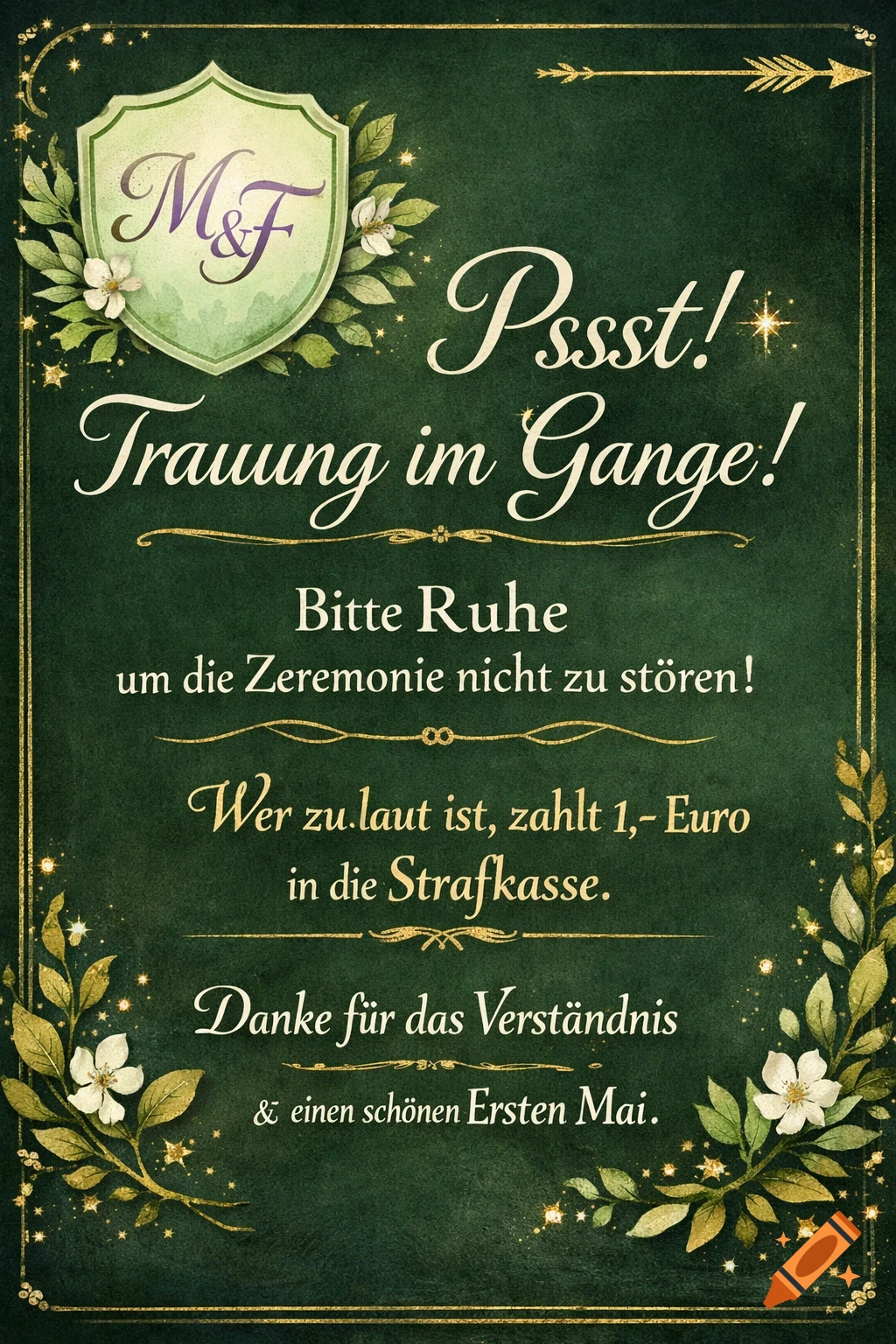 A dark green wedding sign with gold and white floral decorations, featuring the initials M&F and German text about keeping quiet during the ceremony.