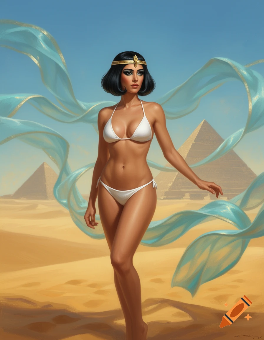 A stylized illustration of Cleopatra in a white bikini, with flowing blue fabric, standing in a sunny desert with pyramids in the background.