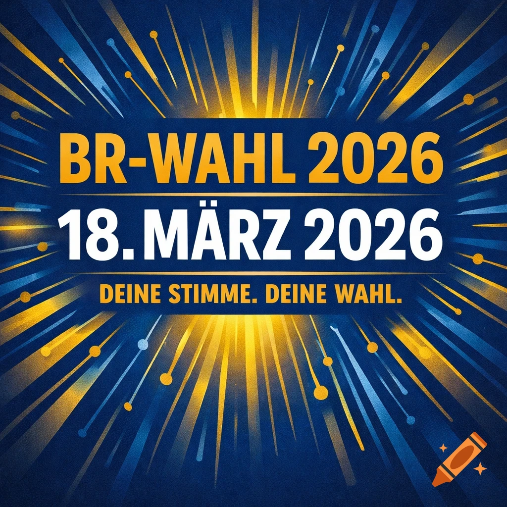 A blue and gold election poster for the 'BR-Wahl 2026' on March 18, 2026, with the slogan 'DEINE STIMME. DEINE WAHL.'