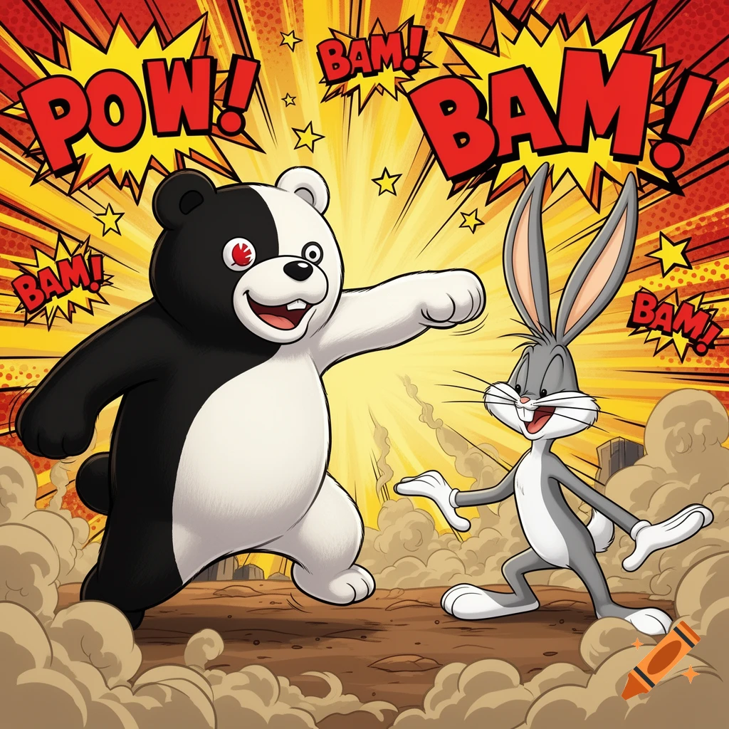 Monokuma punches Bugs Bunny in a dynamic comic book style illustration with 'POW!' and 'BAM!' sound effects.