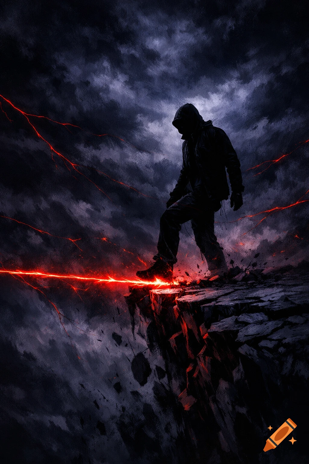 A hooded figure stands on a crumbling cliff edge under a stormy sky, illuminated by powerful red energy lines.
