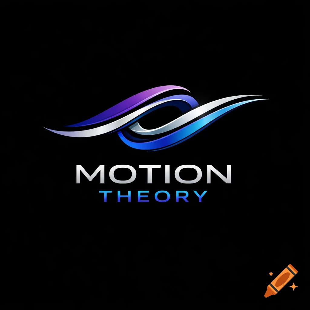 Abstract logo with intertwined purple, silver, and blue swirling shapes, with 'MOTION' above 'THEORY' text in metallic gradients.