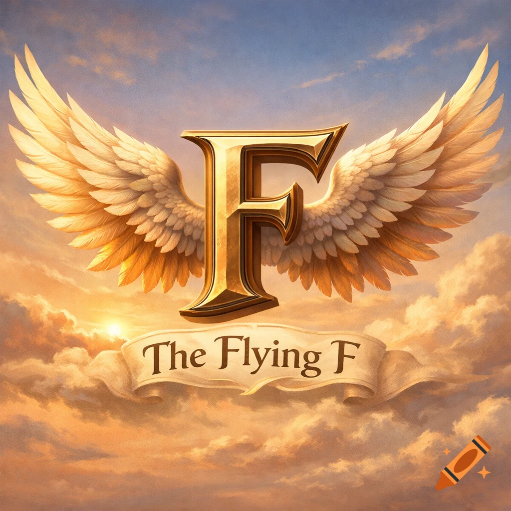 A golden, winged letter 'F' floats amidst a sunny, cloudy sky, with a banner below reading 'The Flying F'.