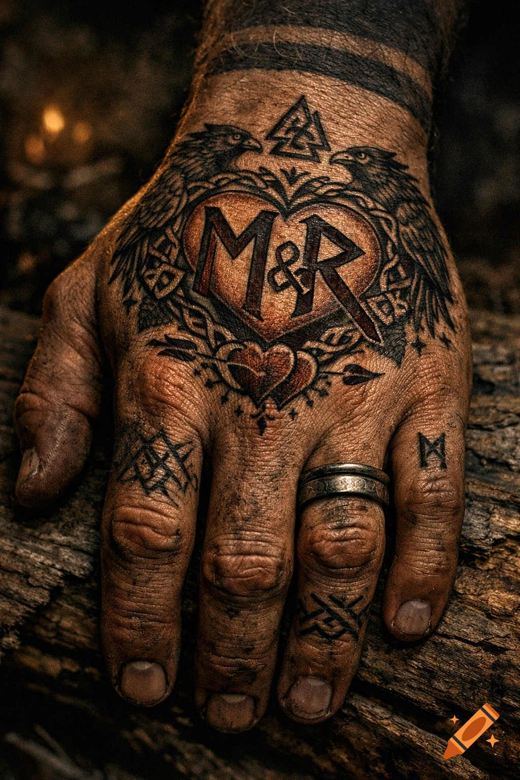 Close-up of a masculine hand covered in intricate Norse-themed tattoos, including a heart with M&R, ravens, and runes.