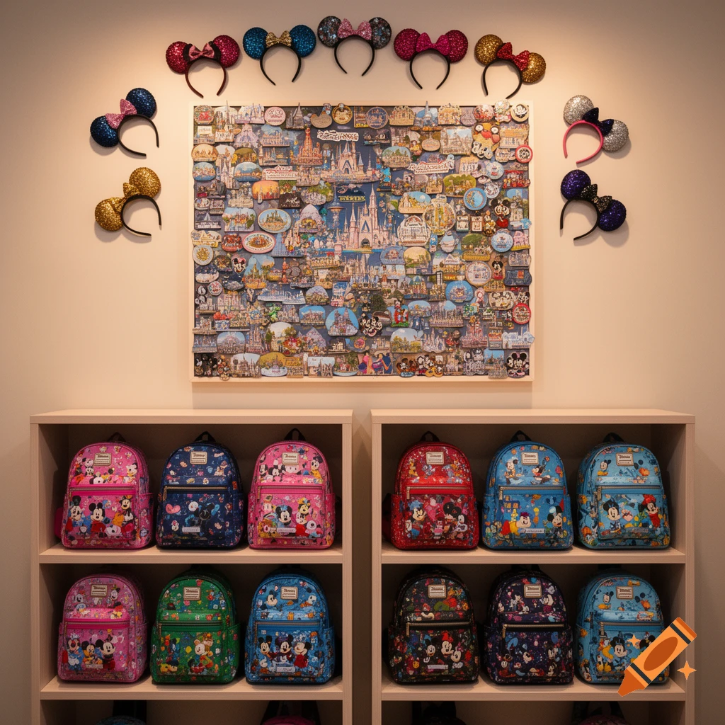 A wall display of Disney Mickey Mouse ear headbands and a large pin board above shelves filled with Disney Loungefly backpacks.