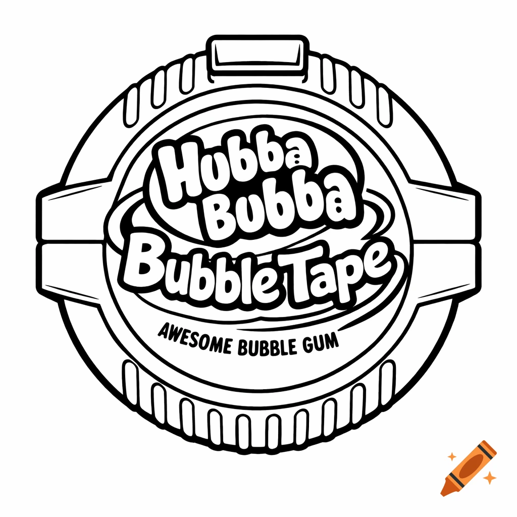 Black and white line art drawing of a Hubba Bubba Bubble Tape gum container with label text.