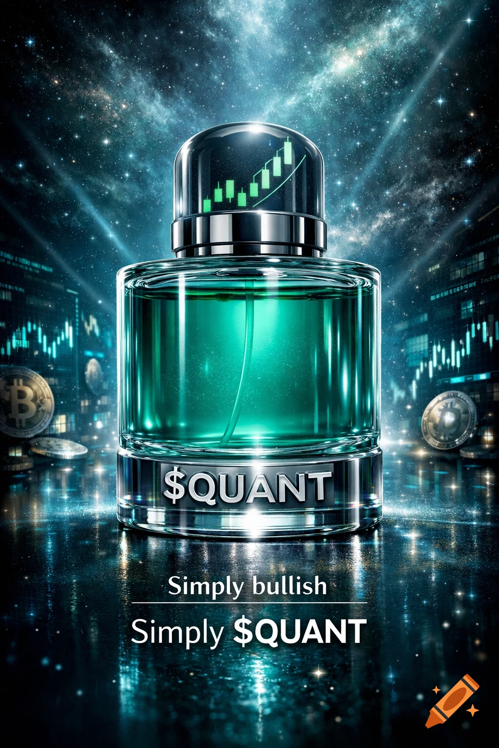 A luxurious green perfume bottle with '$QUANT' text sits on a reflective surface against a cosmic background with cryptocurrency charts and Bitcoin coins. Text reads 'Simply bullish Simply $QUANT'.