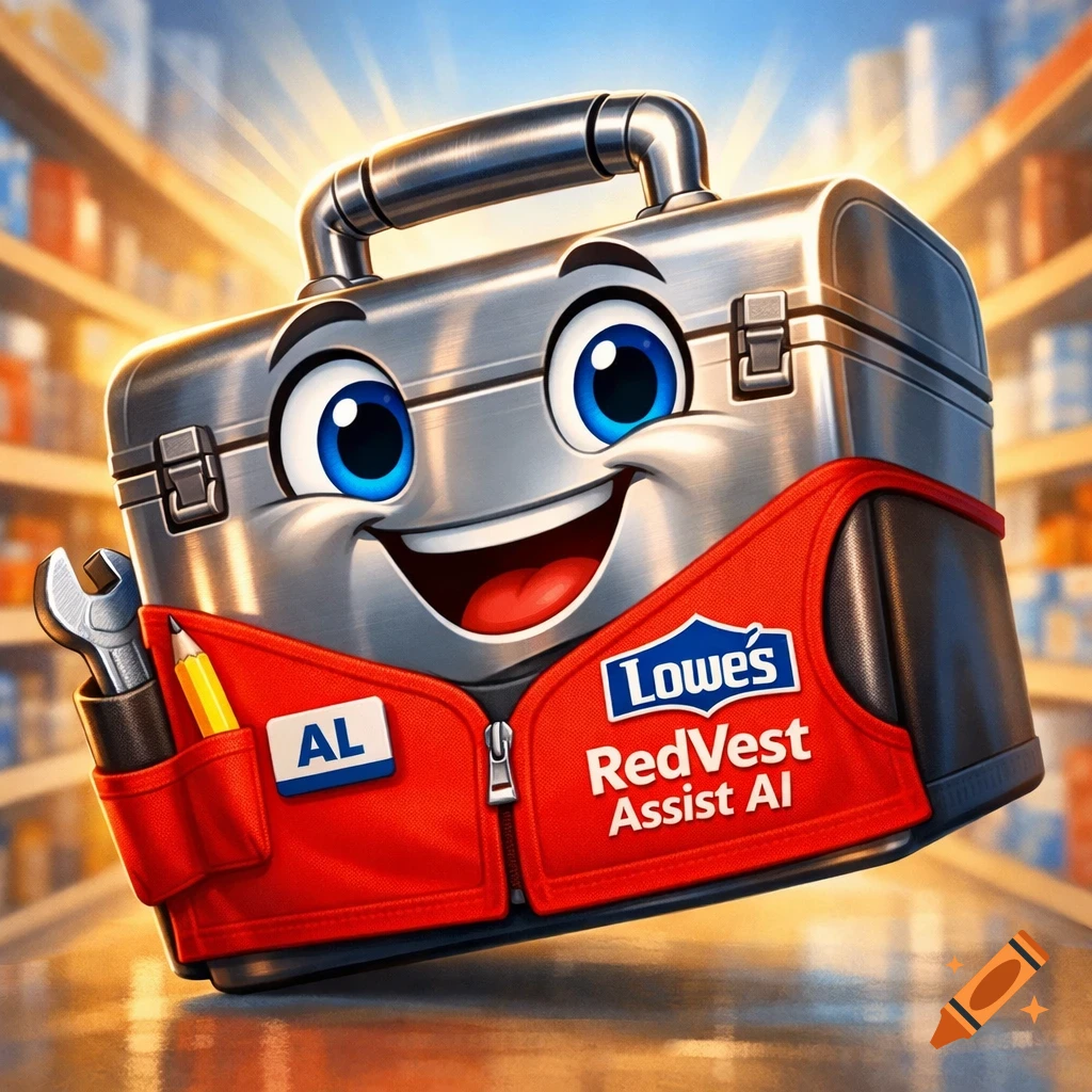 A happy, shiny silver toolbox mascot named AL, wearing a red vest with 'Lowe's RedVest Assist AI', holding a wrench and pencil in a bright store aisle.