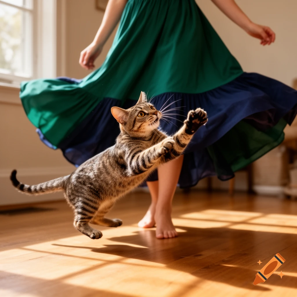 A tabby cat leaps playfully at a woman's flowing green and blue skirt on a sunlit wooden floor.